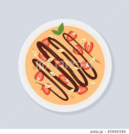 Thin pancake with chocolate,strawberries,peanuts. 85666389