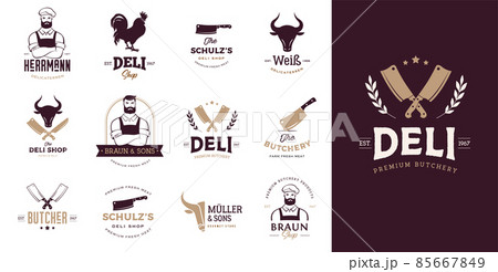 Butcher shop, gourmet, deli store logo design. Hipster butcher, knifes and cow symbols 85667849