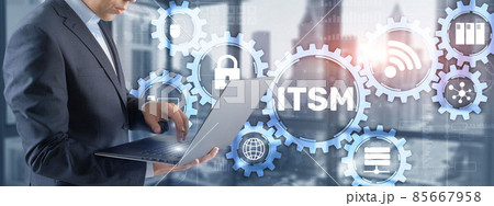 ITSM. Businessman pressing virtual screen IT Service Management. Concept for information technology service management 85667958