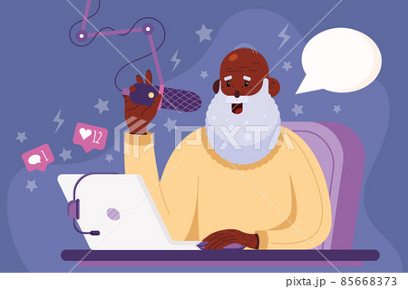 Old man playing video games, elderly gamer with laptop and headphones smiling. Concept illustration of gray haired grandfather sitting in the armchair and play games trough laptop. Vector illustration 85668373