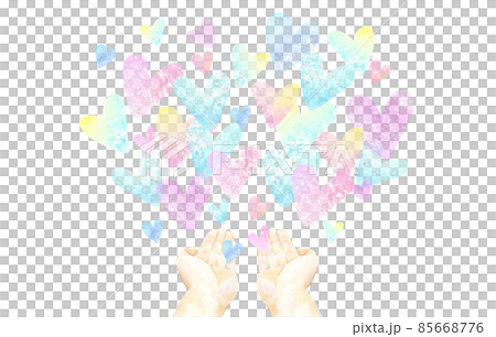 水彩で描いたハートの集まりと手　 85668776