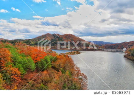 【広島県】紅葉した山々　福富ダム 85668972