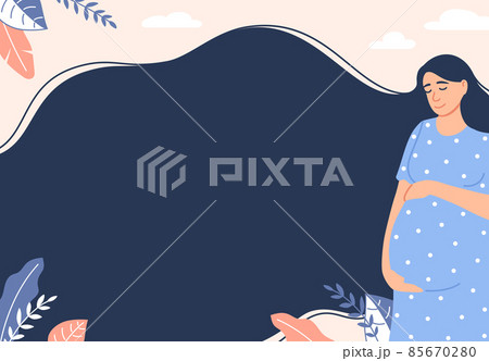 Gynecology or pregnancy concept. Pregnant woman with long hair background with text space. Flat smiling mom expecting a baby hold belly. Parenthood banner design. Cartoon prenatal illustration. 85670280