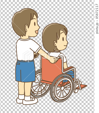 友達の車椅子を押す児童(カラー) 85672117