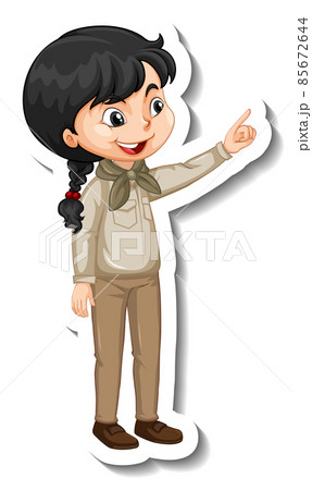 Safari girl with pointing pose cartoon character sticker Safari girl with pointing pose cartoon character sticker 85672644