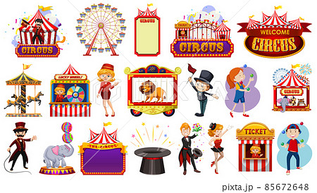 Set of circus characters and amusement park elements Set of circus characters and amusement park elements 85672648