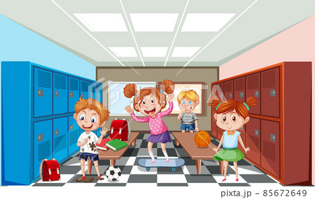 Locker room scene with school kids Locker room scene with school kids 85672649