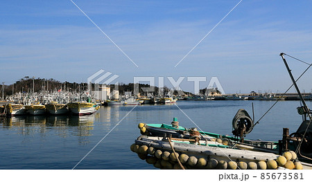 晴れの日の漁港休漁船船団停泊中 85673581