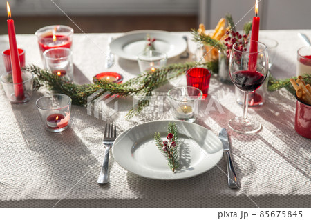 christmas dinner party table serving at home 85675845