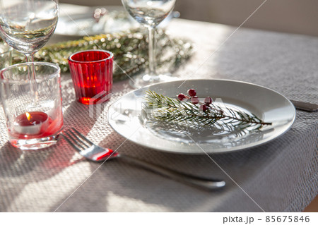 christmas dinner party table serving at home 85675846