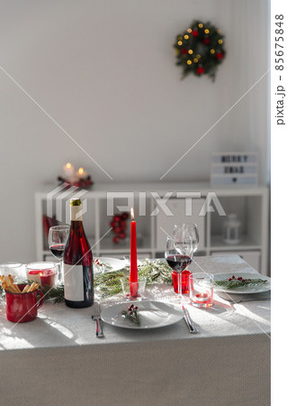 christmas dinner party table serving at home 85675848