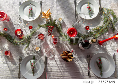 christmas dinner party table serving at home 85675849