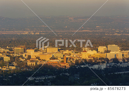 Sunset high angle view of the beautiful Pasadena City hall and Pasadena downtown Sunset high angle view of the beautiful Pasadena City hall and Pasadena downtown 85678273