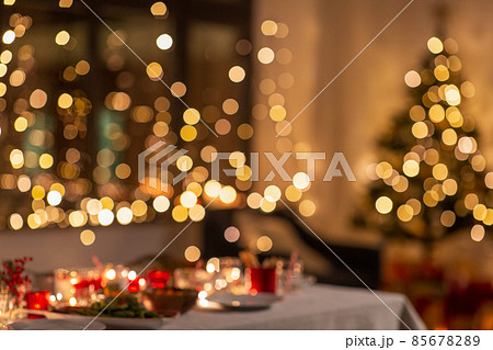 blurred table serving for christmas party at home 85678289