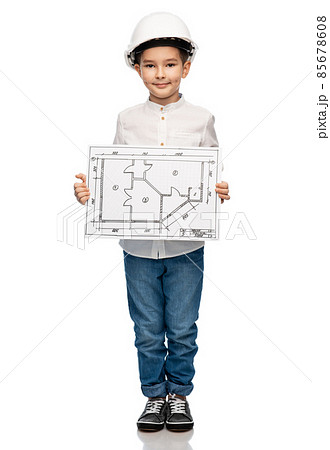 little boy in construction helmet with blueprint little boy in construction helmet with blueprint 85678608