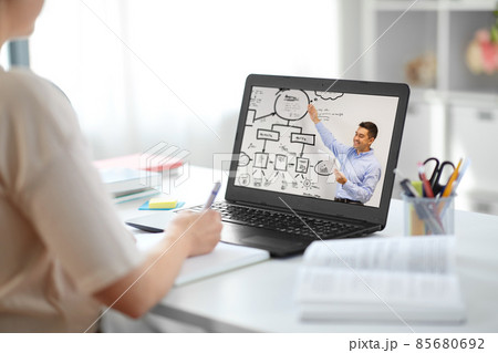 student woman with laptop having online class 85680692