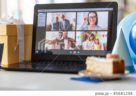 laptop with video call or online birthday party laptop with video call or online birthday party 85681208