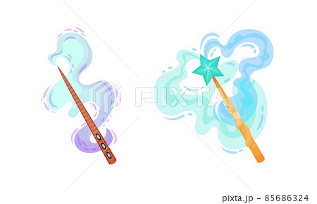 Fairy magic wands set. Fairy sticks with sparkles and smoke cartoon vector illustration 85686324