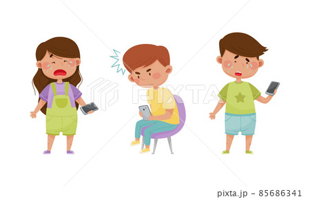 Stressed upset little children using mobile phones. Internet and smartphone addiction, cyberbullying cartoon vector illustration Stressed upset little children using mobile phones. Internet and smartphone addiction, cyberbullying cartoon vector illustration 85686341