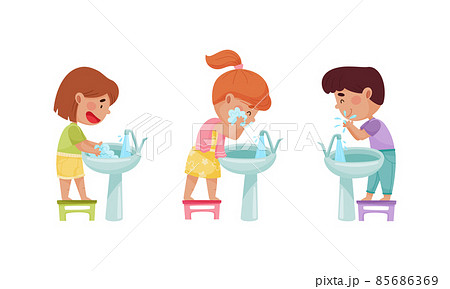 Cute happy kids daily routine set. Children washing their face and hands with soap cartoon vector illustration Cute happy kids daily routine set. Children washing their face and hands with soap cartoon vector illustration 85686369