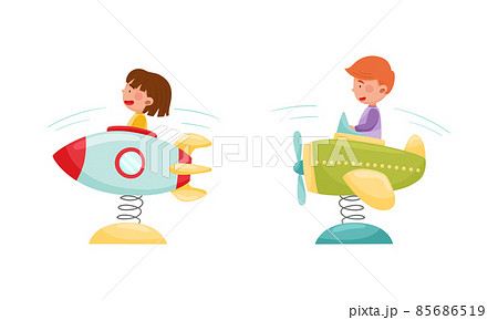 Happy kids having fun in amusement park set. Cute boys riding spring rocket cartoon vector illustration 85686519
