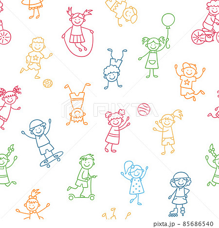 Seamless pattern with doodle children. Hand drawn funny little kids play, run and jump. Color cute children crayon drawing. Vector illustration in doodle style on white background Seamless pattern with doodle children. Hand drawn funny little kids play, run and jump. Color cute children crayon drawing. Vector illustration in doodle style on white background 85686540