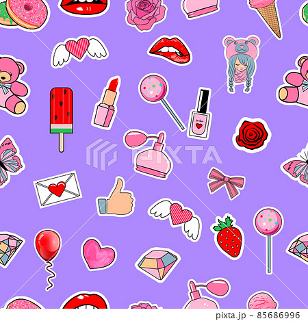 Seamless pattern with cute girly pink stickers on pink background. Vector Seamless pattern with cute girly pink stickers on pink background. Vector 85686996