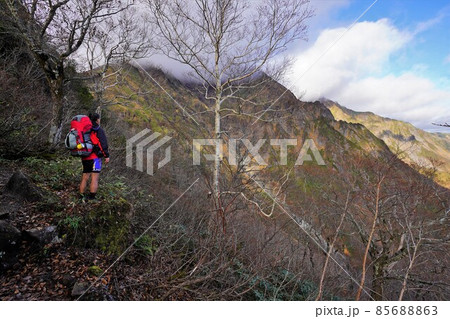 西黒尾根から谷川岳を眺める登山者 西黒尾根から谷川岳を眺める登山者 85688863