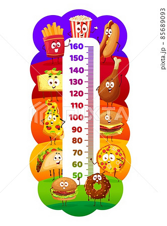 Cartoon street food, kids height chart growth measure ruler. Vector meter scale with fast food characters burger and hot dog, tacos and donut, chicken leg and pizza with cheesecake, popcorn or fries 85689093