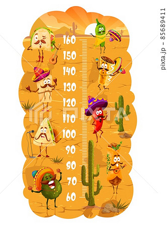 Kids height chart, cartoon mexican avocado, enchilada and quesadilla, tacos and burrito, churros characters. Growth meter ruler vector wall sticker with cute mariachi tex mex singers in desert 85689411