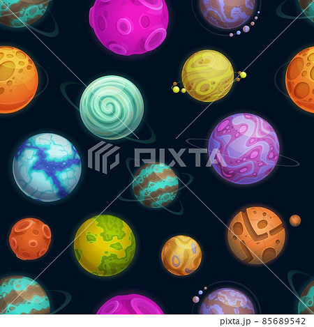 Cartoon space planets and stars seamless pattern. Galaxy fantasy planets and asteroids vector background, wallpaper with alien exoplanets or habitable space worlds with ice, gas and crater surface Cartoon space planets and stars seamless pattern. Galaxy fantasy planets and asteroids vector background, wallpaper with alien exoplanets or habitable space worlds with ice, gas and crater surface 85689542