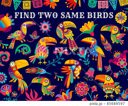 Find two same Mexican toucans, kids game riddle vector worksheet. Children puzzle or board game to find similar cartoon Mexican toucan birds, alebrije paper craft flags of papel picado and flowers Find two same Mexican toucans, kids game riddle vector worksheet. Children puzzle or board game to find similar cartoon Mexican toucan birds, alebrije paper craft flags of papel picado and flowers 85689597