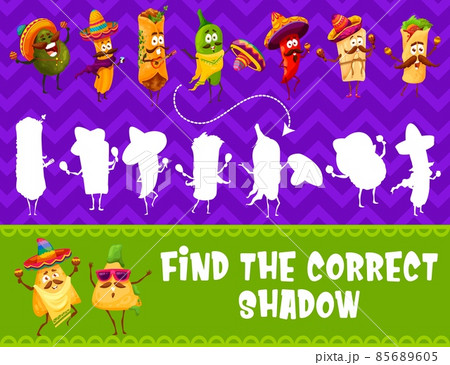 Find the correct shadow of mexican food characters. Vector kids matching game with avocado, churros, burrito and jalapeno, chili pepper and tamales tex mex. Children activity game worksheet 85689605
