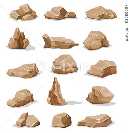 Brown rock stones and boulders. Cartoon gravel, cobble or rubble isolated rough pieces collection. Dessert cliff or mountain, geology mineral or metal ore block. Game environment design elements asset 85689607
