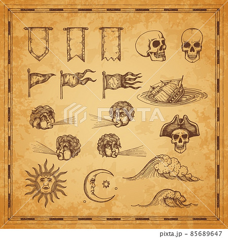Vintage map elements. Sun and moon, wind and tsunami with water swirl, vector sketch. Pirate map with skull in tricorne or captain hat and pennant flag, treasure island and corsair sailing adventure Vintage map elements. Sun and moon, wind and tsunami with water swirl, vector sketch. Pirate map with skull in tricorne or captain hat and pennant flag, treasure island and corsair sailing adventure 85689647