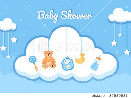 Baby Shower Little Boy or Girl with Cute Design Toys and Accessories Newborn Babies Background Illustration for Invitation and Greeting Cards 85689681