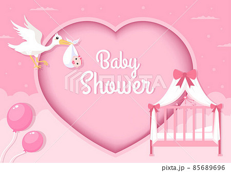Baby Shower Little Boy or Girl with Cute Design Stork, Cloud Background Illustration for Invitation and Greeting Card Baby Shower Little Boy or Girl with Cute Design Stork, Cloud Background Illustration for Invitation and Greeting Card 85689696