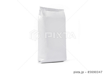 Coffee bag mockup isolated on white background. Front View. White package for tea, biscuit. Paper pouch, milk pack. Snack package blank, glossy flex box. Juice paper container. Foil bag for food. Coffee bag mockup isolated on white background. Front View. White package for tea, biscuit. Paper pouch, milk pack. Snack package blank, glossy flex box. Juice paper container. Foil bag for food. 85690347
