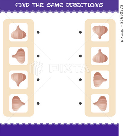 Match the same directions of garlic. Matching game. Educational game for pre shool years kids and toddlers Match the same directions of garlic. Matching game. Educational game for pre shool years kids and toddlers 85690578