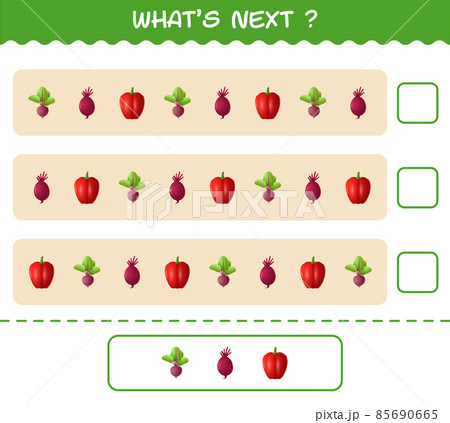 What's comes next educational game of cartoon vegetables. Find the regularity and continue the row task. Educational game for pre shool years kids and toddlers What's comes next educational game of cartoon vegetables. Find the regularity and continue the row task. Educational game for pre shool years kids and toddlers 85690665