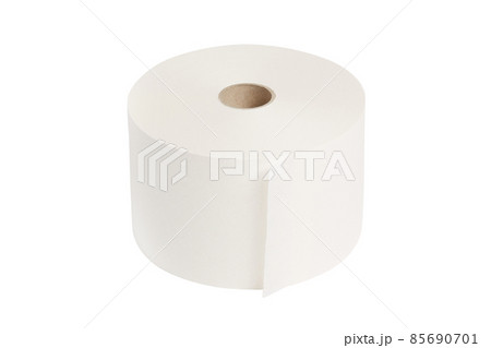 Toilet paper roll isolated on a white background. Cash register tape, slip receipt paper roll with clipping path. Rubber roll. White elastic band roll for sewing close-up. Fabric tape or cloth ribbon. 85690701
