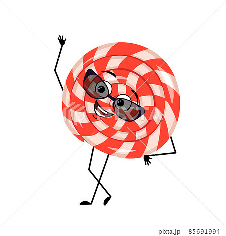 Cute character lollipop with happy emotions, face, smile, eyes, arms and legs. Cheerful sweet candy person rest. Vector flat illustration 85691994