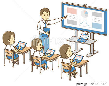タブレットを活用した授業で、先生の説明を聞く子どもたち(カラー) タブレットを活用した授業で、先生の説明を聞く子どもたち(カラー) 85692047