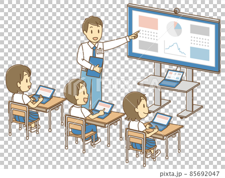 孩子們在課堂上用平板電腦聽老師的講解（彩色） 85692047