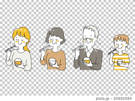 一組不同年齡段的人，他們咀嚼得很好，吃得很好。溫暖的手繪人物插圖。 85692084
