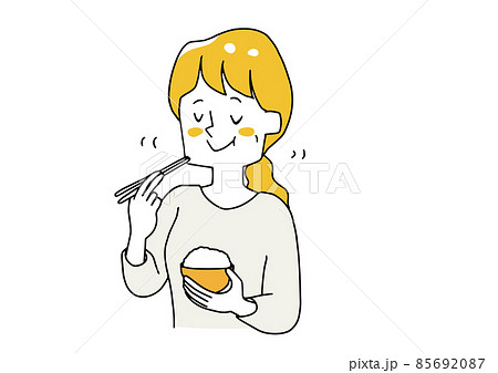 よく噛んで食事をする若い女性 あたたかみのある手描きの人物ベクターイラストのイラスト素材