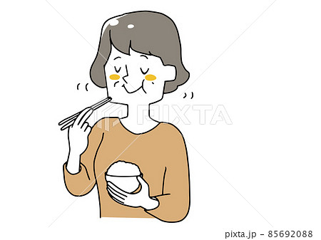よく噛んで食事をする中年の女性　温かみのある手描きの人物イラスト　白地にベクター 85692088