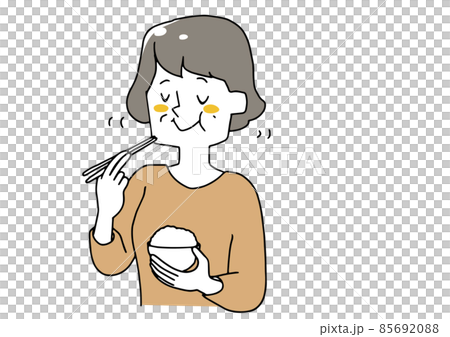 よく噛んで食事をする中年の女性　温かみのある手描きの人物イラスト　白地にベクター 85692088