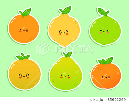 Cute happy citrus icons set. Vector hand drawn trendy cartoon character illustration. Set of citrus for a postcard, concept of set of labels Cute happy citrus icons set. Vector hand drawn trendy cartoon character illustration. Set of citrus for a postcard, concept of set of labels 85692269