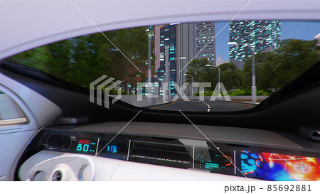 Day view of the city from the car with automatic piloting. 3d illustration. 85692881